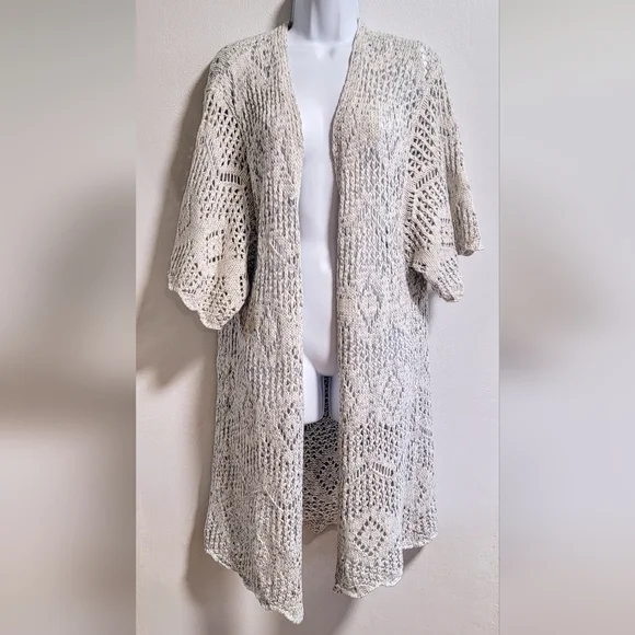 Boho Chic Open Work Knit Chrochet Lace Pattern Duster Long Cardigan Cozy Casual - Picture 3 of 7